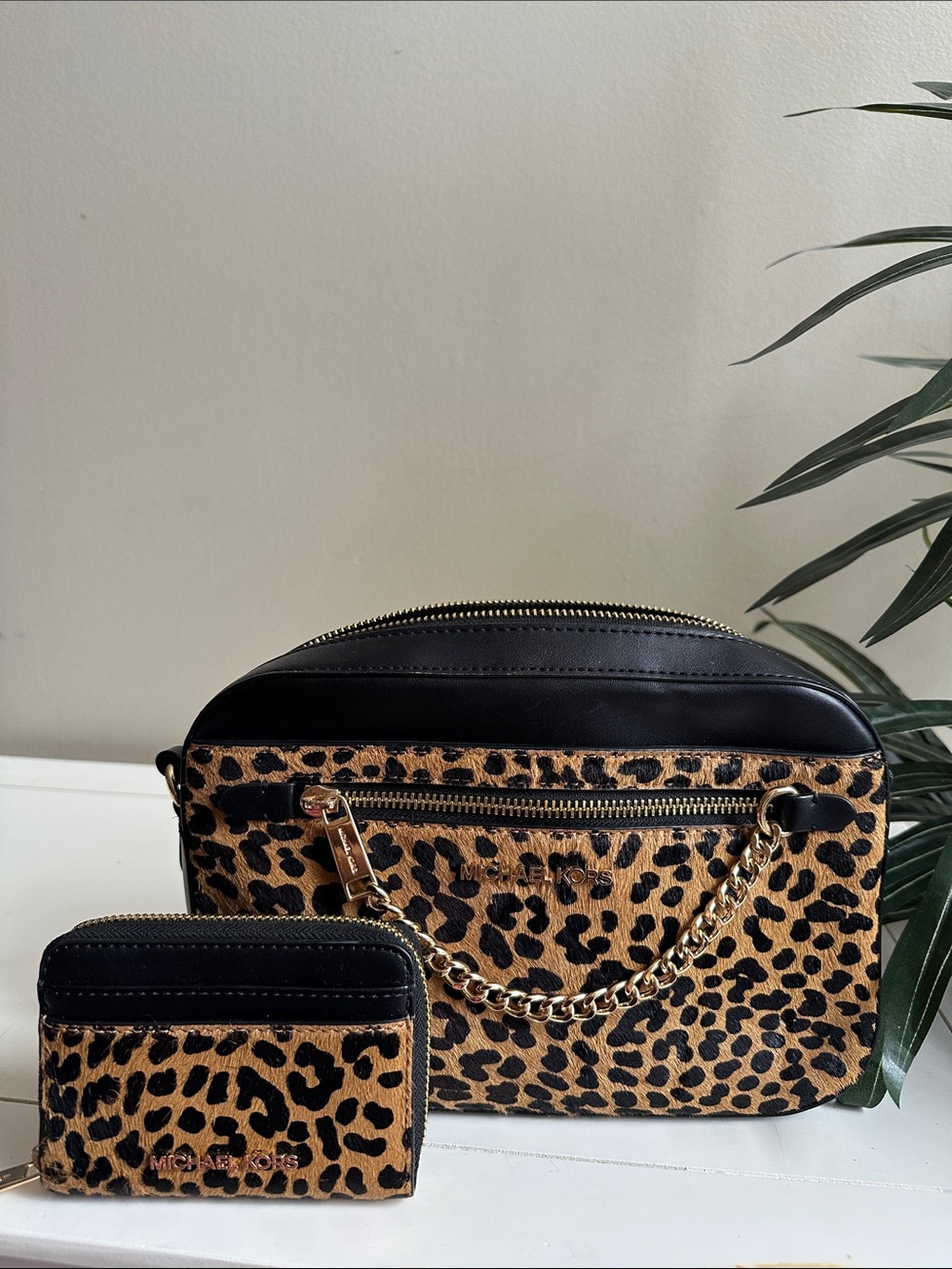 Michael Kors Leopard Print Crossbody with Black Trim & Gold Chain